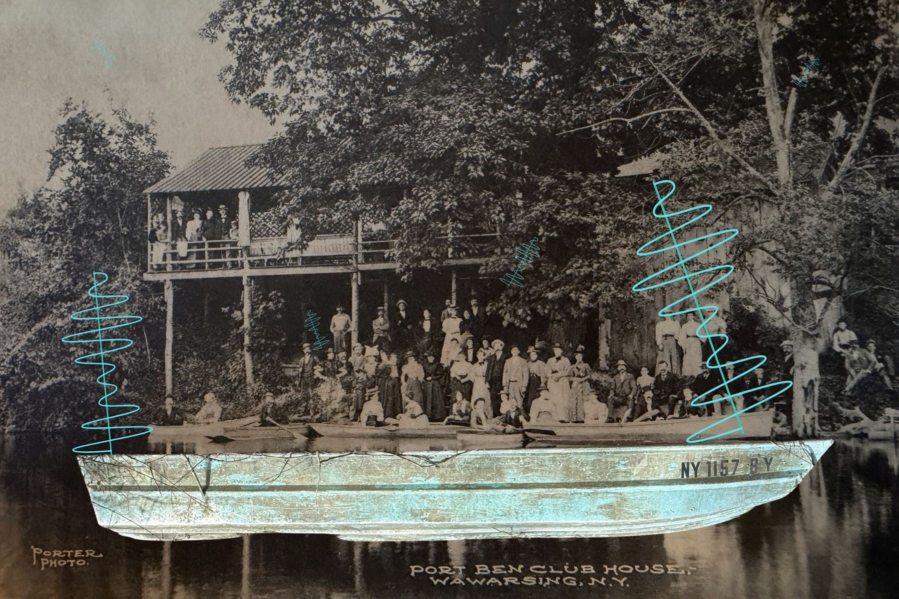 A torquoise blue skiff boat with graphic sound waves attached is layered on top of a photo from around 1904 from the Port Ben Boat Club
